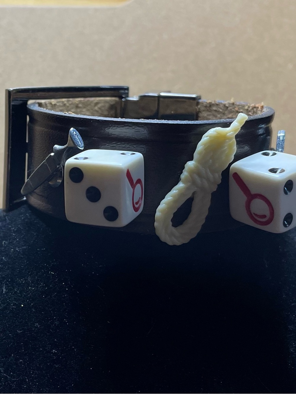 Clue Themed Brown Leather Bracelet Up Cycled Material Dice and Rope Charm